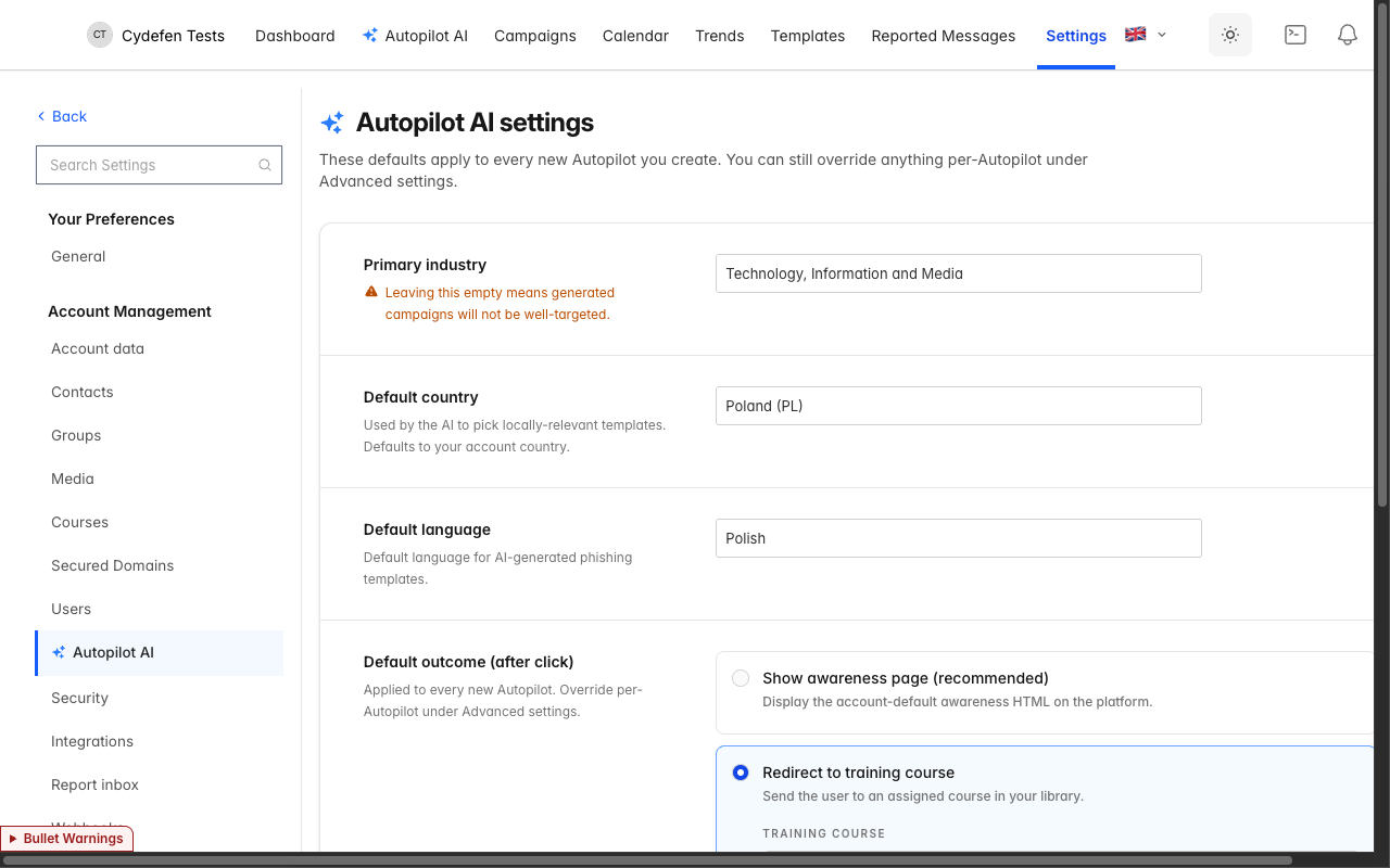 Autopilot settings — account-level defaults