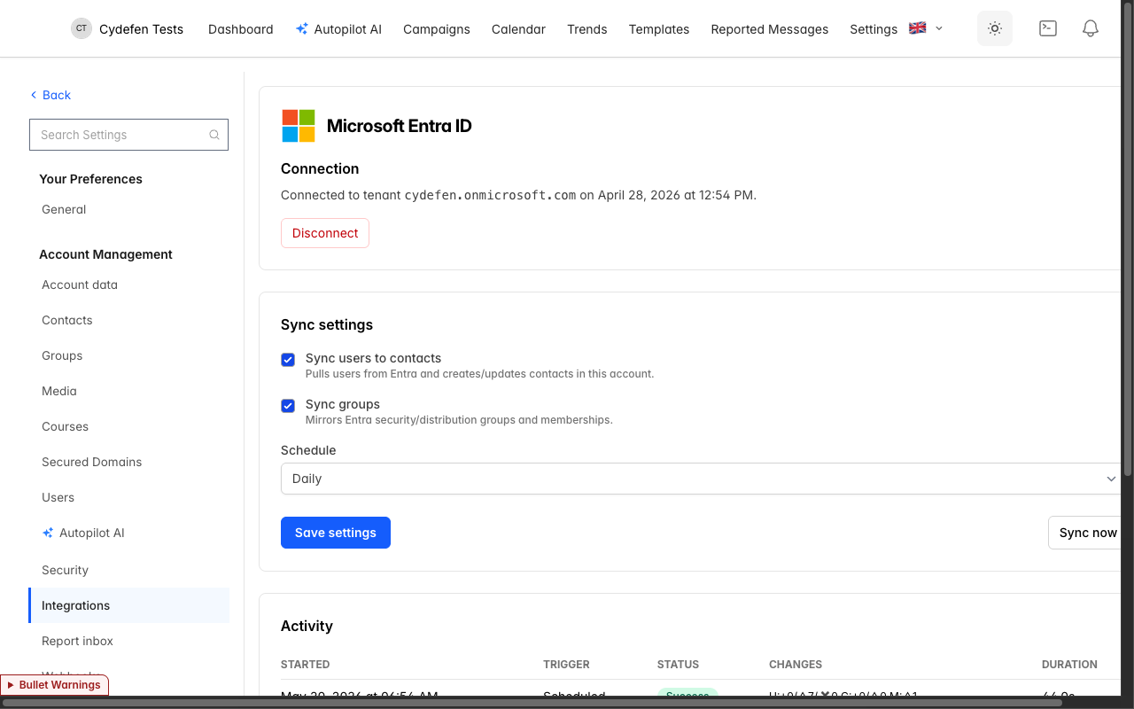 Entra integration management page — sync settings + activity history