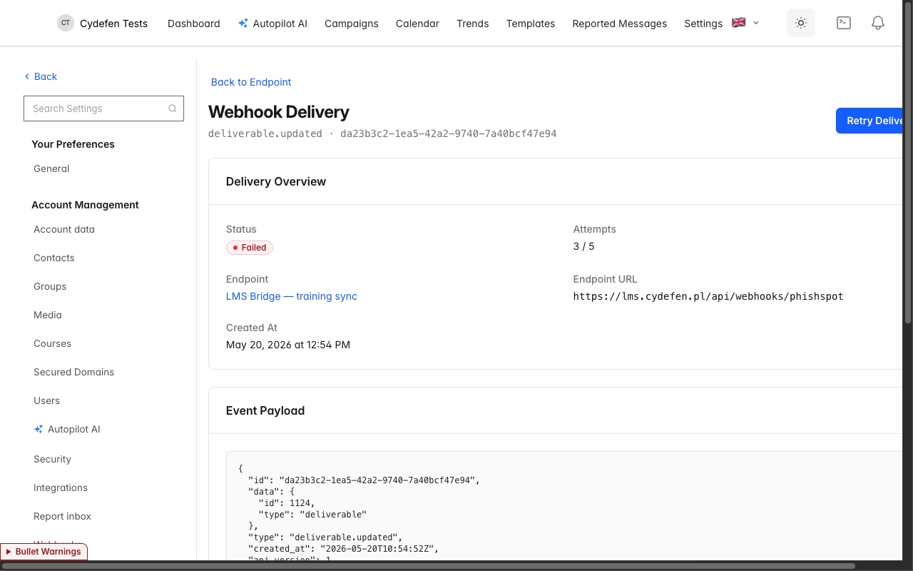 Webhook delivery detail — event payload + per-attempt HTTP log