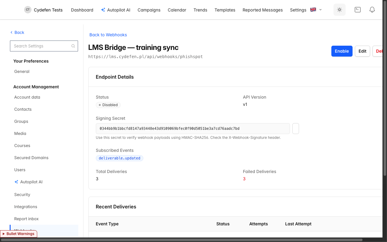 Webhook endpoint detail — signing secret, subscribed events, recent deliveries with attempt counts